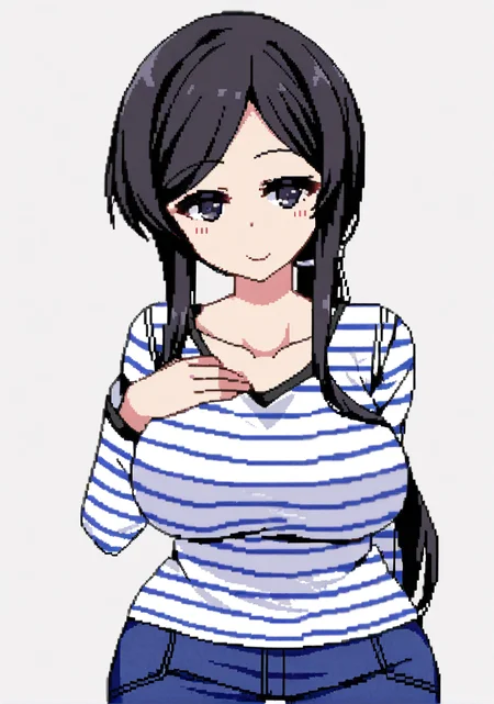 character: Kanae (å¶ç»), character: Kanae (å¶ç») clothes2, pixel art, 1girl, solo, simple background, white background, cowboy shot, looking at viewer, long hair, black hair, smile, closed mouth, white striped shirt, black eyes, low ponytail, sidelocks, collarbone, large breasts, long sleeves, hand on own chest, blue jeans, arm behind back<lora:summer memories v8.3 (夿è£
æ£ååå¾ç¿»è½¬)-000005:1>