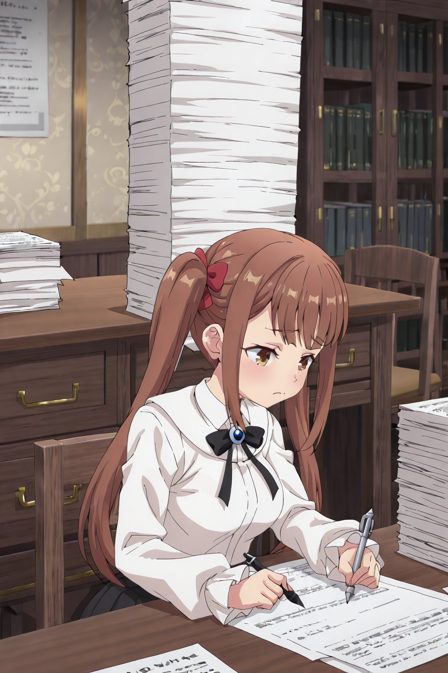 detailed background, shiny skin, posing,
<lora:guilmas.il:1>,
guilmas,
laila, 
clothed girl,
desk, holding pen, paper, working, huge paper stack, tired, sit, chair,
