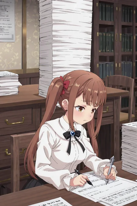 detailed background, shiny skin, posing,
<lora:guilmas.il:1>,
guilmas,
laila, 
clothed girl,
desk, holding pen, paper, working, huge paper stack, tired, sit, chair,