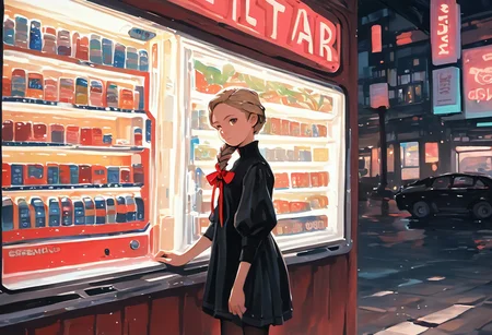shading, water color painting, traditional media, score_9, score_8_up, score_7_up, Natalie-Korda, blonde hair, single braid, brown eyes, black dress, red ribbon, tights, cyberpunk, vending machine, neon lights, sensitive
