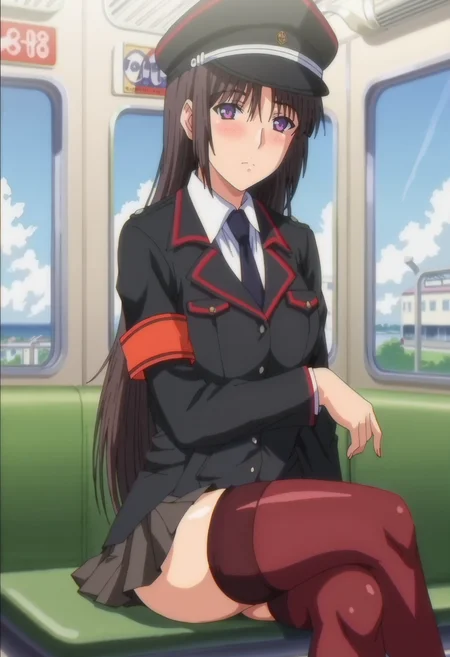 score_9, score_8_up, score_7_up, score_6_up, score_5_up, score_4_up, anime coloring
BREAK
rin_olis, 1girl, solo, black hair, long hair, purple eyes, peaked cap, black suit, armband, pleated skirt, red thighhighs, looking at viewer, blush, crossed legs, sitting, cowboy shot
BREAK
window, train interior, scenery, day, blue sky
<lora:rin_SaishuuChikanDensha_sdxl_v1:1>