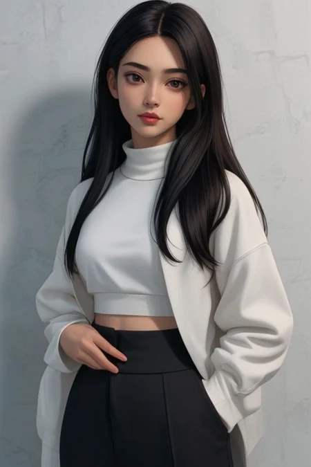 1girl, against wall, asian, black hair, black shirt, brown eyes, crop top, lips, long hair, long sleeves, looking at viewer, midriff, navel, nose, realistic, red lips, shirt, solo, standing, upper body