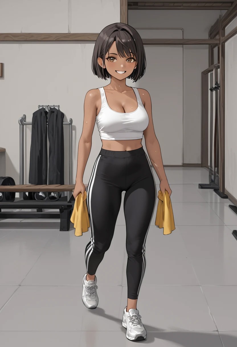 score_4,score_5,score_6,score_7_up,score_8_up,score_9 ((masterpiece,best quality,ultra detailed,highres,HD,4k:1.2)), 
1 girl,solo,girl forcus,chibi,fullbody,
black hair, short hair, brown eyes, ((brown skin gir))l,Sportswear,collarbone, cleavage, white tank top, black tracksuit pants, shoes, 
Sports gyms, indoor sports gyms,
Wipe off sweat with a towel, smile, show your teeth,