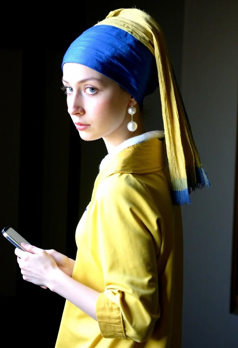 yellow dress, legs, holding iphone in her hand, young woman inspired by 'Girl with a Pearl Earring,' standing in a low-lit, dimly lit room. She wears a blue headscarf with golden fabric draped over it and a pearl earring that catches the subtle light, enhancing her classic, mysterious allure. Her gaze is directed over her shoulder, her soft, expressive eyes and delicate features highlighted by the ambient shadows in the room. room\u2019s interior. amateur quality with slight overexposure and grain. The low, moody lighting creates natural shadows that emphasize the texture of her attire and the contours of her face, enhancing the quiet, intimate atmosphere