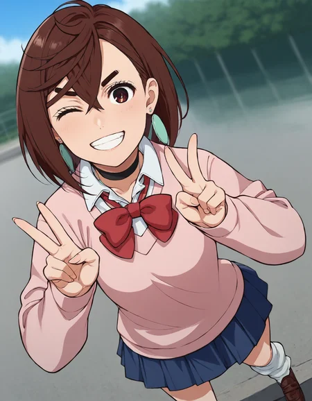 score_9, score_8_up, score_7_up, source_anime, BREAK
1girl, looking at viewer, outdoors, scenery, one eye closed, grin, blurry background, dutch angle, v pose, arms at side, school,
momo ayase, brown hair, short hair, hair between eyes, asymmetrical bangs, brown eyes, earrings, black choker,
school uniform, white collared shirt, pink sweater, long sleeves, red bowtie, blue skirt, miniskirt, white socks, loose socks, brown footwear,
<lora:momo_ayase_anime_v3-soralz:1>