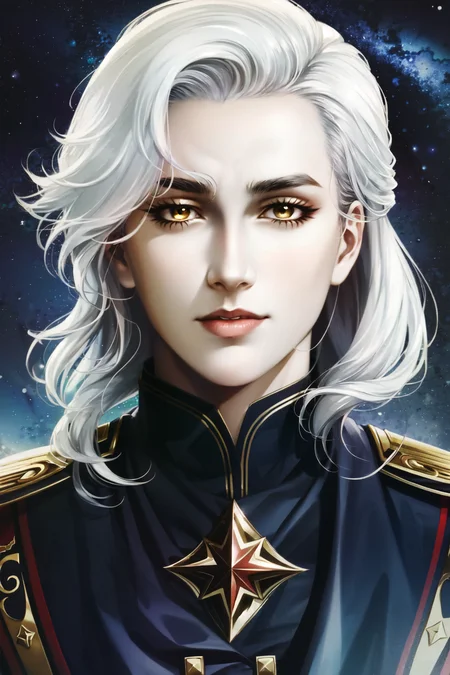 <lora:HadesEmetSelch:.7> Emet Selch,masterpiece, best quality, highres, 1boy, solo, emet selch, solo, 1boy, male focus, yellow eyes, portrait, white hair, star \(sky\), realistic, looking at viewer,  starry sky, night, sky, lips, smileupper body, serious, shaded face <lora:shadedFaceEyesIn_shadedFace:.2>