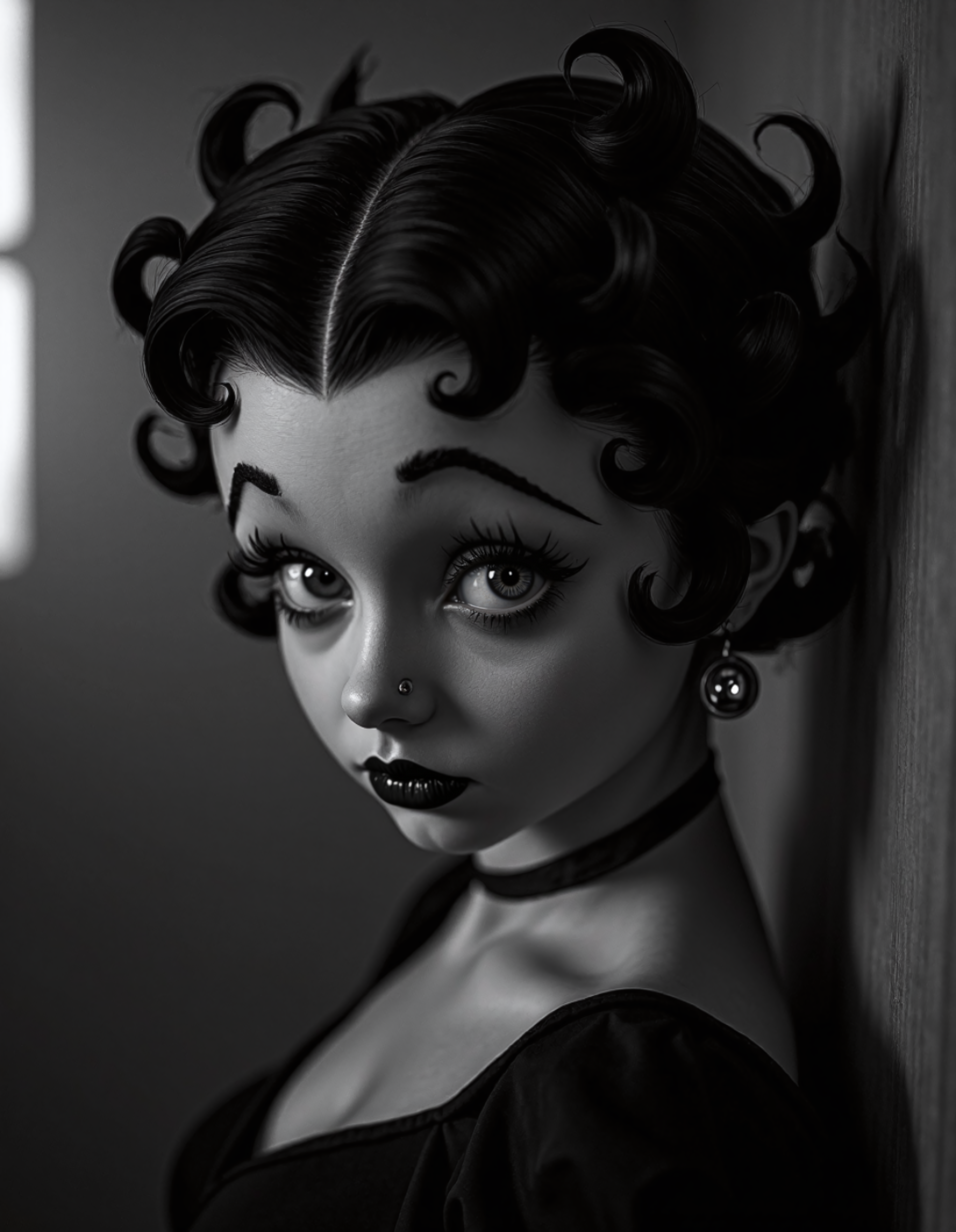 (dark mood masterpiece Photography:1.2), a portrait of Betty Boop, modern, fuzzy lighting, dark mood, (rule of thirds composition), mysteriouse, emotional, highly detailed, melancholic, refraction, low-light hyper detailed photography, medium close-up shot,wide angle view,style by anton semenov,light and shadow plays,silhouette lighting