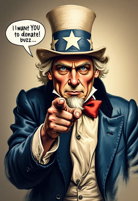 Photo of Uncle Sam as a cat, pointing his finger at the viewer. Speech bubble "I want YOU to donate buzz"