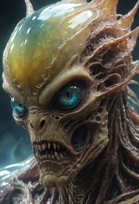 An angry colored translucent artialien, rage, (translucent head:1.6), 
hyperdetailed realistic illustration, intricately detailed, highest quality, 
stylized photo, ultra level of detail and precision in the art, masterpiece, mixed media, intense mood, detailed shading, 
subsurface scattering, light leaks, soft shadows, film grain, Dutch angle, narrow DoF, cinematic composition, mystic haze, dusty atmosphere, close-up, very detailed skin and scares, HDR, RAW photograph