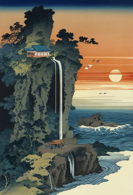 cliff view at sunset, a small shrine on a cliff surrounded by the sea, small waterfall, cloud, birds, (best quality), highly detailed, KHsty-XL<lora:KHsty-XL-v3-AN:0.7>