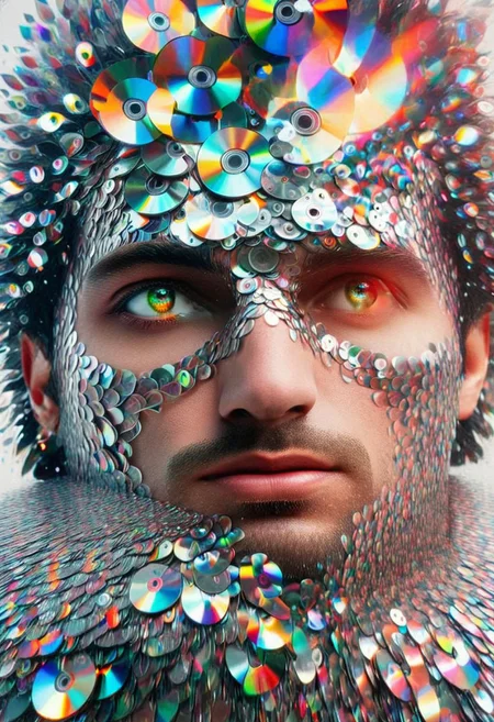 highly detailed, ultra realistic, double exposure, confused man, made of cd's, eyes made of cd's, psych3delic