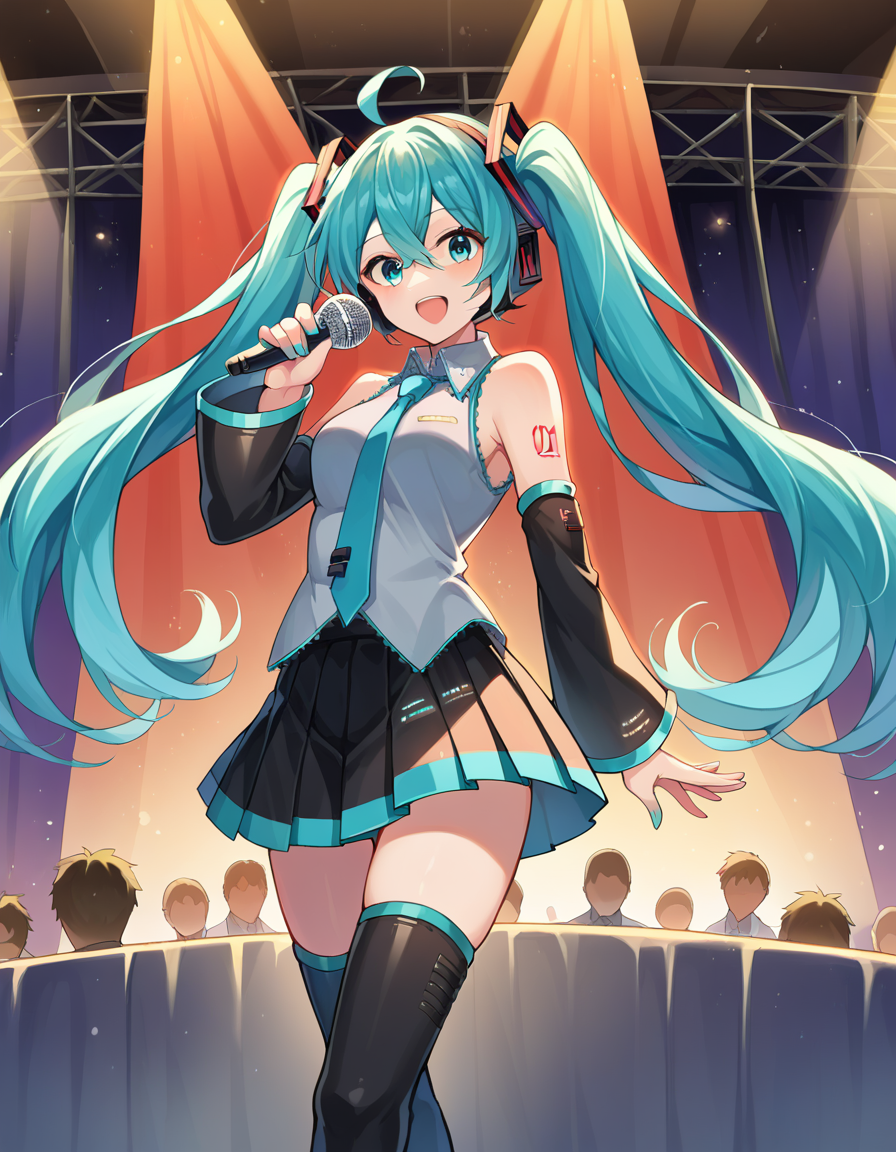 score_9, score_8_up, score_7_up, source_anime,
mikuhatsune, <lora:miku-hatsune-ponyxl-lora-nochekaiser:1>,
miku hatsune, ahoge, aqua eyes, aqua hair, crossed bangs, hair between eyes, hair ornament, headphones, long hair, twintails, mature female,
aqua necktie, black footwear, black skirt, black sleeves, boots, collared shirt, detached sleeves, grey shirt, necktie, pleated skirt, shirt, skirt, sleeveless, sleeveless shirt, thigh boots, tie clip,
indoors, stage, stage lights, concert, microphone, holding microphone, audience, singing,
looking at viewer, dutch angle, cowboy shot,
