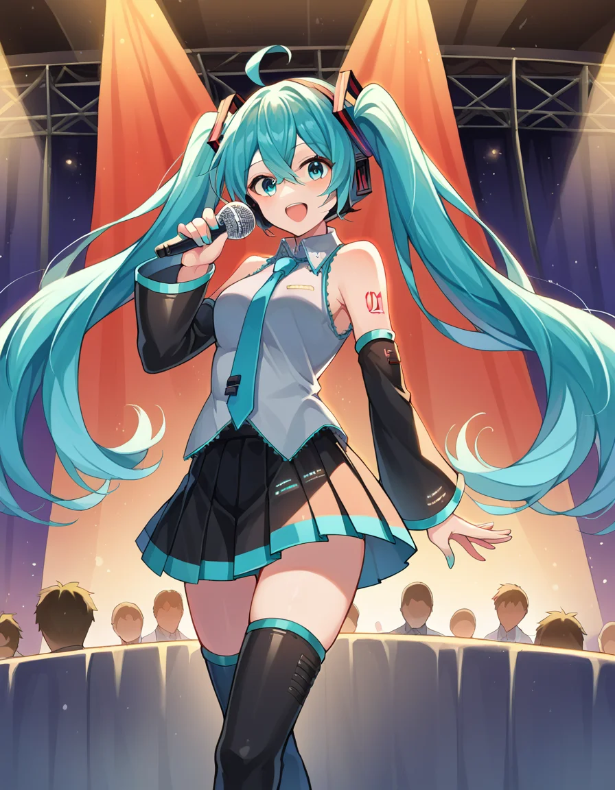 score_9, score_8_up, score_7_up, source_anime,
mikuhatsune, <lora:miku-hatsune-ponyxl-lora-nochekaiser:1>,
miku hatsune, ahoge, aqua eyes, aqua hair, crossed bangs, hair between eyes, hair ornament, headphones, long hair, twintails, mature female,
aqua necktie, black footwear, black skirt, black sleeves, boots, collared shirt, detached sleeves, grey shirt, necktie, pleated skirt, shirt, skirt, sleeveless, sleeveless shirt, thigh boots, tie clip,
indoors, stage, stage lights, concert, microphone, holding microphone, audience, singing,
looking at viewer, dutch angle, cowboy shot,