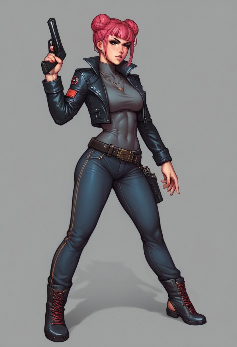 assassin style, a ((Cyborg Samurai assassin)) wearing a high collar motorcycle jacket with japanese katana on the back, fight stance, fists up, Split, solo, shoulders implementations of wires and nano Future Tech, black colorful bun, reating a Synthwave sunrise scene with bleaked dark colorful Neon and black details,
((full-clothed)), ((long big pistol in hands, handgun in hands:1.1))
BREAK 
strange world background score_9, score_8_up, score_7_up, score_6_up, source_cartoon, rating_explicit, Expressiveh, (((((full body))))), dynamic pose