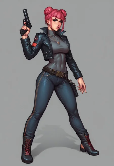 assassin style, a ((Cyborg Samurai assassin)) wearing a high collar motorcycle jacket with japanese katana on the back, fight stance, fists up, Split, solo, shoulders implementations of wires and nano Future Tech, black colorful bun, reating a Synthwave sunrise scene with bleaked dark colorful Neon and black details,
((full-clothed)), ((long big pistol in hands, handgun in hands:1.1))
BREAK
strange world background score_9, score_8_up, score_7_up, score_6_up, source_cartoon, rating_explicit, Expressiveh, (((((full body))))), dynamic pose