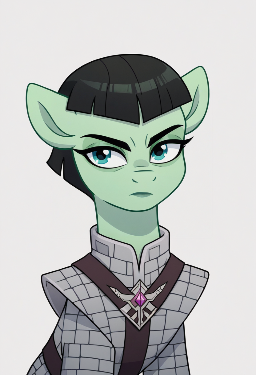 score_8, source_pony, feral, green fur, black hair, 1girl, solo, romulan, romulan female, brow ridge, sharp eyebrows, pointy ears, romulan uniform, simple background, pointed bangs, short hair,   <lora:Romulan:0.7>