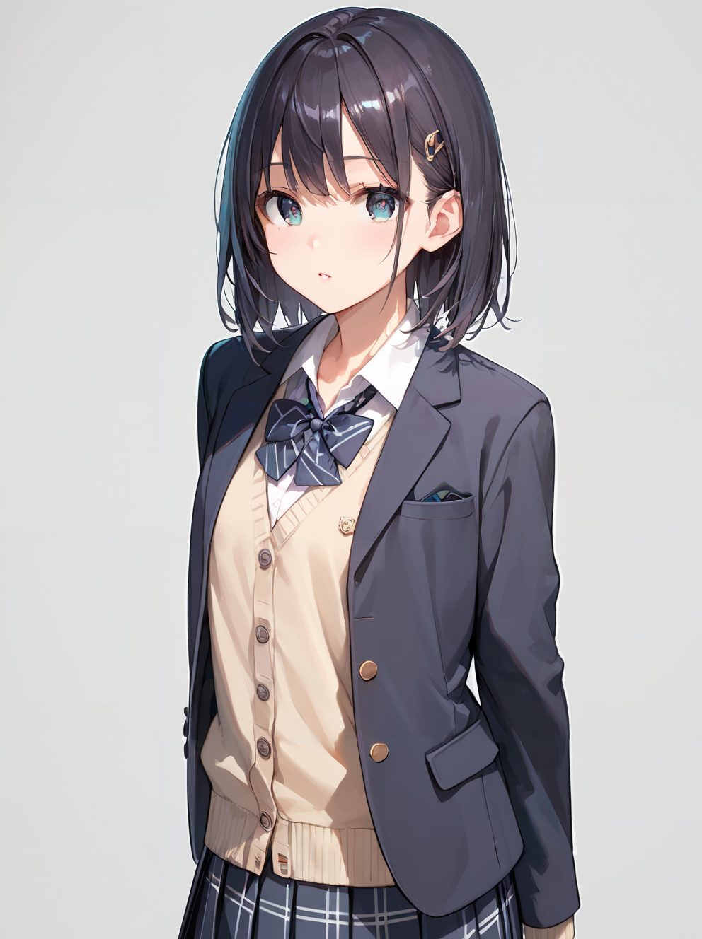 score_9, score_8_up, score_7_up,source_anime, high res image,masterpiece,best quality,(girl:1.0),cute face,clear skin,shiny hair,ultra detailed eyes,simple background, <lora:school uniform cardigan_pony_V1.2:1> school uniform, blazer, cardigan, skirt