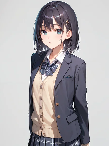 score_9, score_8_up, score_7_up,source_anime, high res image,masterpiece,best quality,(girl:1.0),cute face,clear skin,shiny hair,ultra detailed eyes,simple background, <lora:school uniform cardigan_pony_V1.2:1> school uniform, blazer, cardigan, skirt