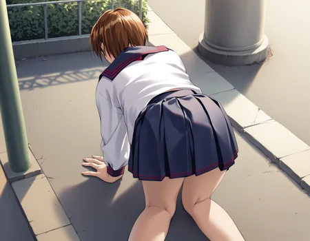 score_9, score_8_up, score_7_up, <lora:kisaku-v2-ponyxl-000010:0.85> kashiwagi, short hair, (lipstick:0.6), serafuku, white shirt, red necktie, pleated skirt, blue skirt
1girl, all fours, back view, sidewalk, city, blue sky