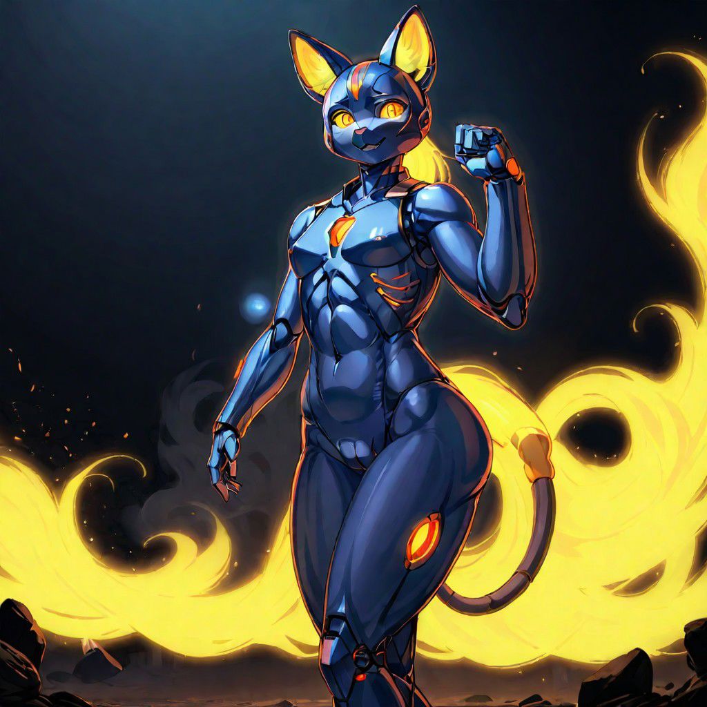 solo, smile, animal ears, tail, full body, yellow eyes, ass, cat ears, no humans, glowing, digital background, fire tail, robot, glowing eyes, joints, humanoid robot, muscular, pectoral muscles, toned abs, muscular arms, muscular thighs, body build body, dashing smile, hands face, chizzled jawline, erect penis, male genitals, male nipples, robot penis