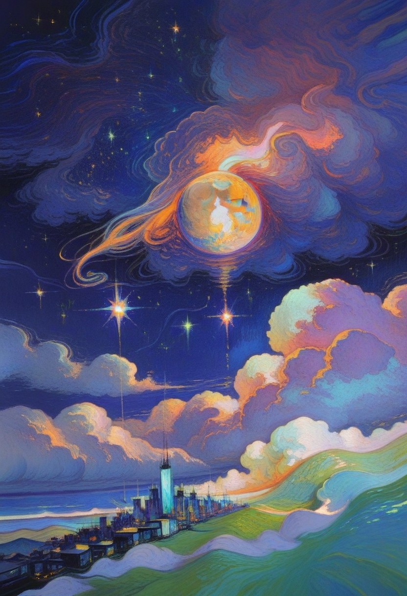 no human , moon , star (sky) , surreal , abstract , swirling cloud , city , 
masterpiece ,best quality ,amazing quality 
 , painterly , brushstroke , oil painting \(medium\) , chiaroscuro , usnr ,swirling brushstrokes ,