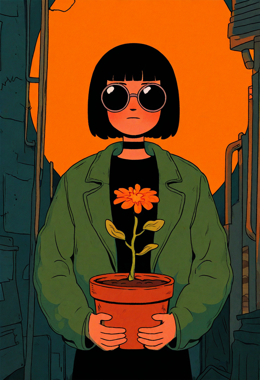 x3t4, masterpiece, cartoon,   best quality, detailed,  solo,  Mathilda Lando from Léon: The Professional, green jacket, black top,  black round sun glasses, choker, (black bobcut:1.1), rundown apartment, holding a flower pot in arms,