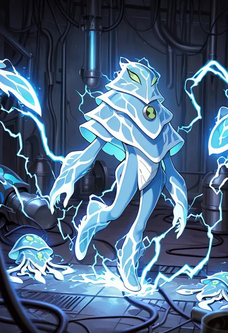 masterpiece, best quality, amazing quality, very aesthetic, absurdres, newest,, detailed background,
ampfibian, full body, pokemon (creature), no humans, colored sclera, green eyes, blue skin, tentacles, extra eyes, colored skin, squid, jellyfish, no mouth,
LightningBeing, electricity, glowing skin, dynamic pose, sci fi lab, foreground blur, metal pipes, cables, destroyed sci fi lab,