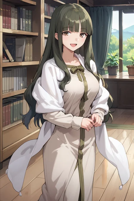 score_9, score_8_up, score_7_up, , source_anime, 1girl, tohsakaaoi, long hair, brown eyes, blunt bangs, dark green hair,long dress, shawl, long sleeves, ribbon <lora:tohsakaaoi_pony-000010:1>, standing, cowboy shot, indoors, smile, large breasts, bookshelf, open mouth, living room, looking at viewer, (indoors:1.5),