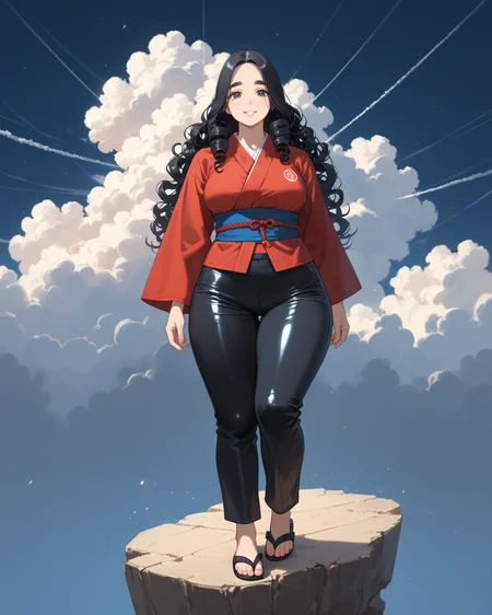 PonyScores7, source_anime, rating_safe, ah1, 1girl, (curly hair), long hair, (black hair:1.4), mature female, (parted hair:1.7), (round face:1.2), (no_bangs:1.3), (no_fringe:1.6), (thick eyebrows:1.2), (curvy), round-chin, (greenish hazel eyes), caucasian, (downturned eyes:1.2), (plump face), <lora:ETO_OCPonyXL:0.5> eto_oc, (skindentation), (plump), thick thighs, wide hips, busty, voluptuous, kinky curls, lips, bad-hands-5, <lora:venus body PonyXL:0.4>, <lora:xl_more_art-full_v1:0.2>, <lora:shinyskin2:0.2> glistening skin, <lora:aesthetic_anime_v1s:0.2>, <lora:Expressive_H:0.2> Expressiveh, <lora:hairdetailpxl:0.2> hairdetailpxl, <lora:EpicF4nta5yXL:0.2>, <lora:detailxl:0.2> detailxl, <lora:Fant5yP0ny:0.2>, best quality, amazing quality, best aesthetic, absurdres, <lora:expressive eyes:0.2> expressive eyes, <lora:eyedetailpxl:0.2> eyedetailpxl, illustration, Volumetric_Lighting, ultra-detailed, very aesthetic, intricate details, 8k, masterpiece, best_quality, smile, (Full shot), (Electronic Scrap Market), <lora:Eyes_High_Definition:0.6> EyesHD, looking at viewer, (((dark blue gray steel lamellar cuirass with cloud motif, samurai pants, metal kabuto helmet with swirling cloud decoration, leather waraji sandals))),
