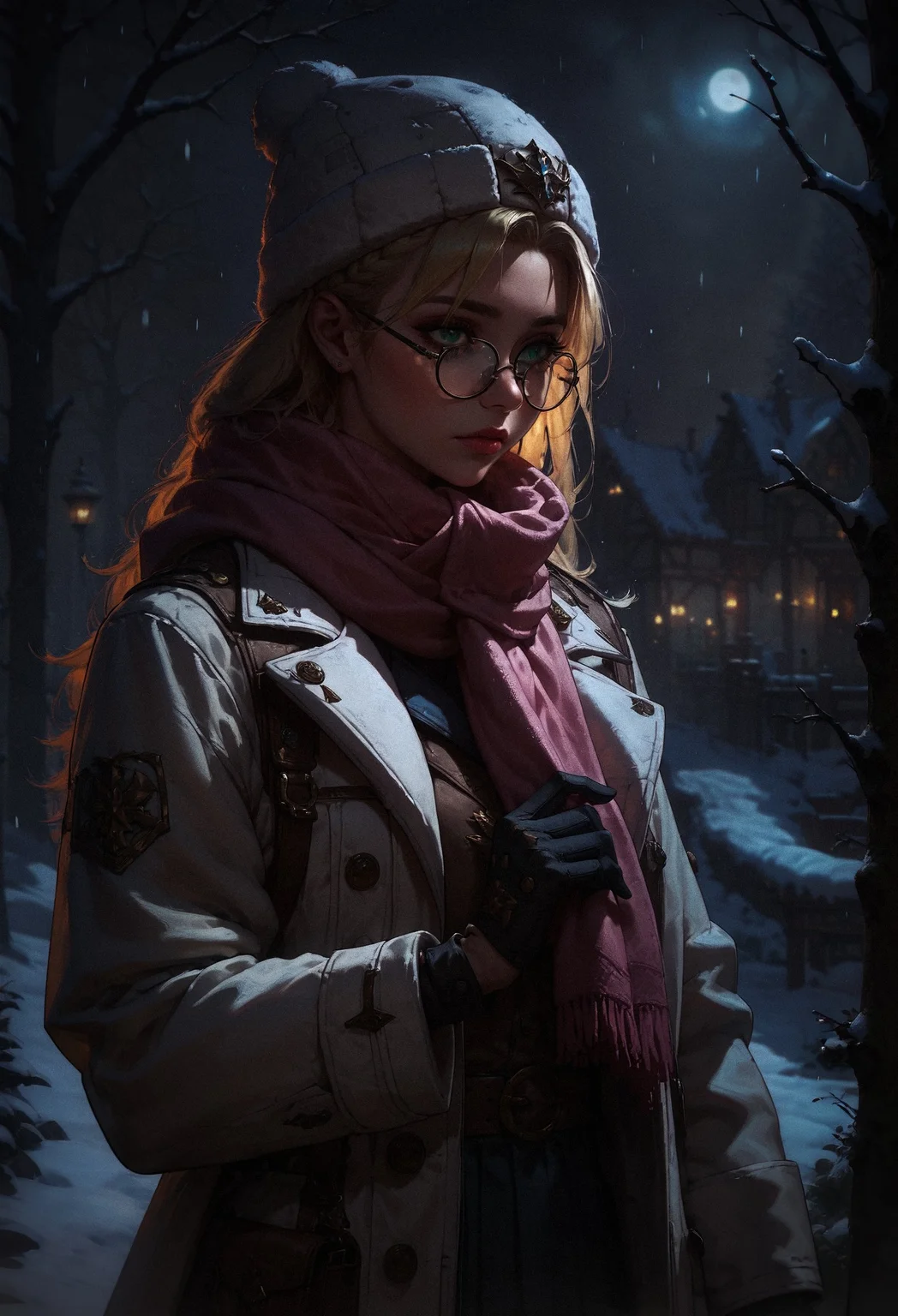 score_9, score_8_up, score_7_up, score_6_up, score_5_up, score_4_up,  1 girl, blonde hair, long hair, crownbraid, snowcap, round eyewear, glasses,  white winter furcoat, snow, standing, in snow, night, solo, bokeh, orange lighting, pink scarf, hand on scarf, green eyes, black gloves, close up, pleading, moonlight, snowing   <lora:sdxl\Concept Art DarkSide Style LoRA_Pony XL v6:0.8>, concept art, realistic, <lora:sdxl\Expressive_H-000001:0.8>, expressiveH <lora:sdxl\pony_OldAnimeStyle_XL_v3:0.4>, 1990s \(style\), vintage <lora:sdxl\sinfully_stylish_SDXL>
