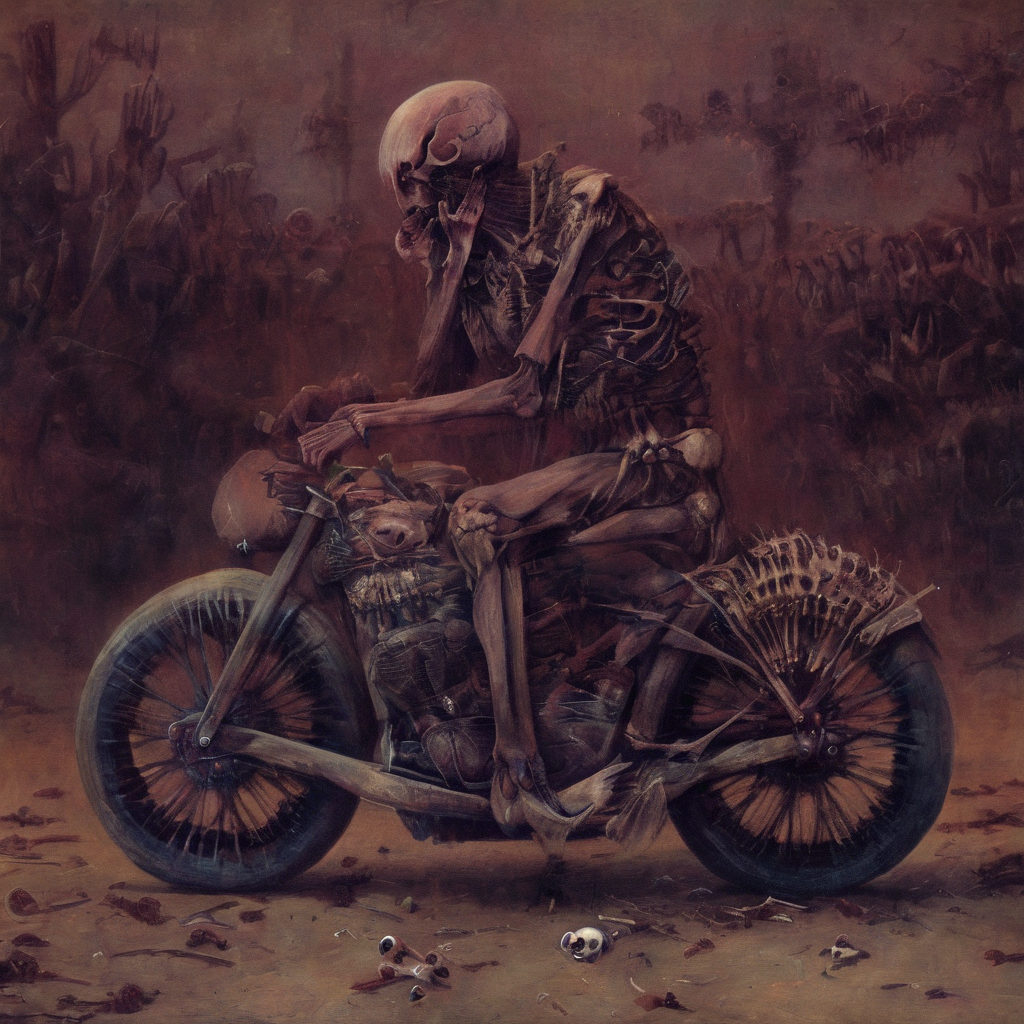 <lora:b3ks1n:1>b3ks1n b1r1e dead man on a dead motorcycle made out of bones