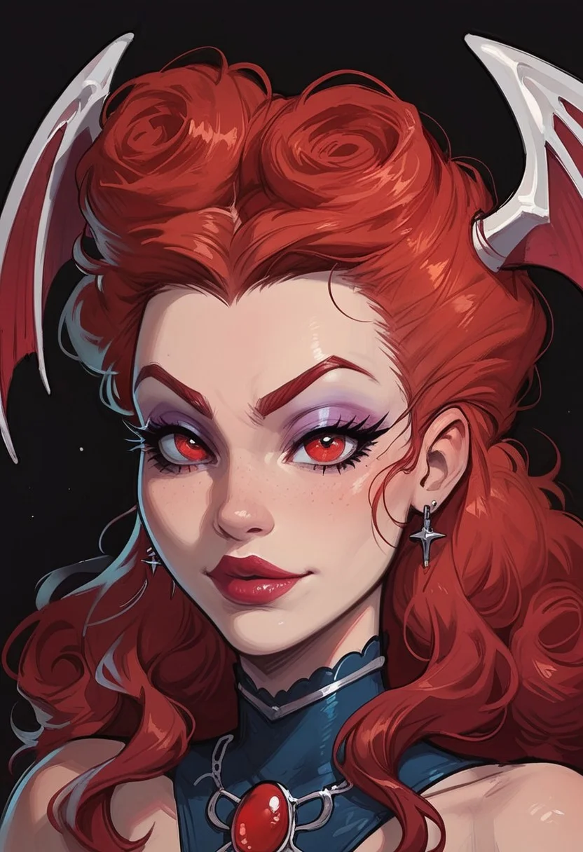 score_9, score_8_up, score_7_up, score_6_up, godrays, BREAK , (smug:0.7),4k, disney, Lillithxl, Lillith, long red curly hair, head wings, red eyes, lips, makeup,