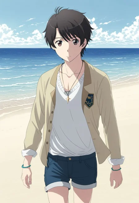 high resolution, solo, best quality, 1Boy, Inaho Kaizuka, Black Hair, Brown Eyes, beach, calm, clear sky, walking, candid, open shirt, shorts, sixpack, necklace, bracelet, OverallDetail