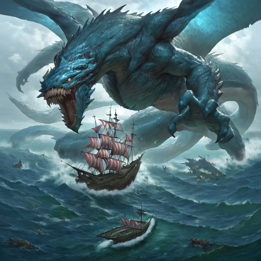 masterpiece, best quality, newest, absurdres, highres, AQDRV1.0, dragon, ocean, wings, teeth, sharp teeth, monster, giant, sea, ship, battle,
