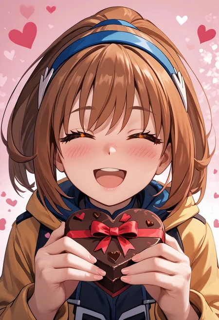 score_4,score_5,score_6,score_7_up,score_8_up,score_9 ((masterpiece,best quality,ultra detailed,highres,HD,4k:1.2)),
1girl, solo,solo focus,girl focus,face focus,
Kohaku(iX),brown hair, orange eyes, ponytail, sidelocks, hair band, blue hairband,
pov,from the front, front view, front angle,
Happy Valentine's Day, Valentine's chocolate, holding wrapped chocolate,
heart background,
blush,happy,smile,((closed eyes,open mouth:1.1)),