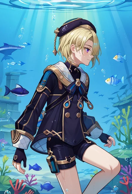 score_9, score_7_up, source_anime
freminet, 1boy, male focus, solo, purple eyes, blonde hair, hair over one eye, freckles, hat, beret, black headwear, diving suit, jacket, blue jacket, long sleeves, buttons, bow, blue bow, gloves, black gloves, fingerless gloves, shorts, black short, smile, profile,
diving, air bubble, bubble, light rays, underwater, fish, swimming, wet, wet hair, diving, cropped_legs
ruins,