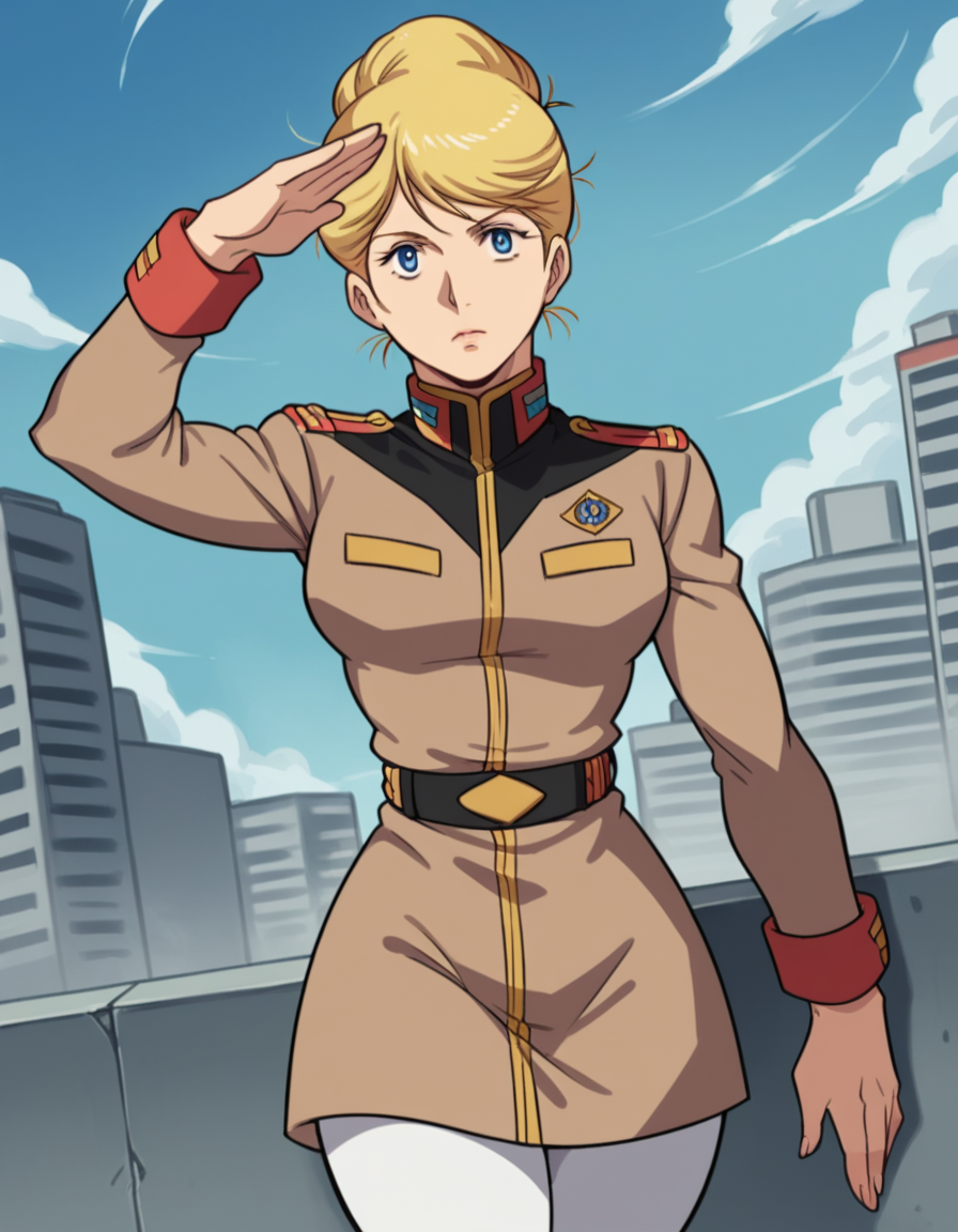 score_9, score_8_up, score_7_up, source_anime,
crowleyhamon, <lora:crowley-hamon-ova-ponyxl-lora-nochekaiser:0.7>,
crowley hamon, medium hair, blonde hair, blue eyes, hair over shoulder,
pantyhose, belt, uniform, military, military uniform, white pantyhose, hair bun, single hair bun,
outdoors, cityscape, salute, 
looking at viewer, cowboy shot, solo, dutch angle,