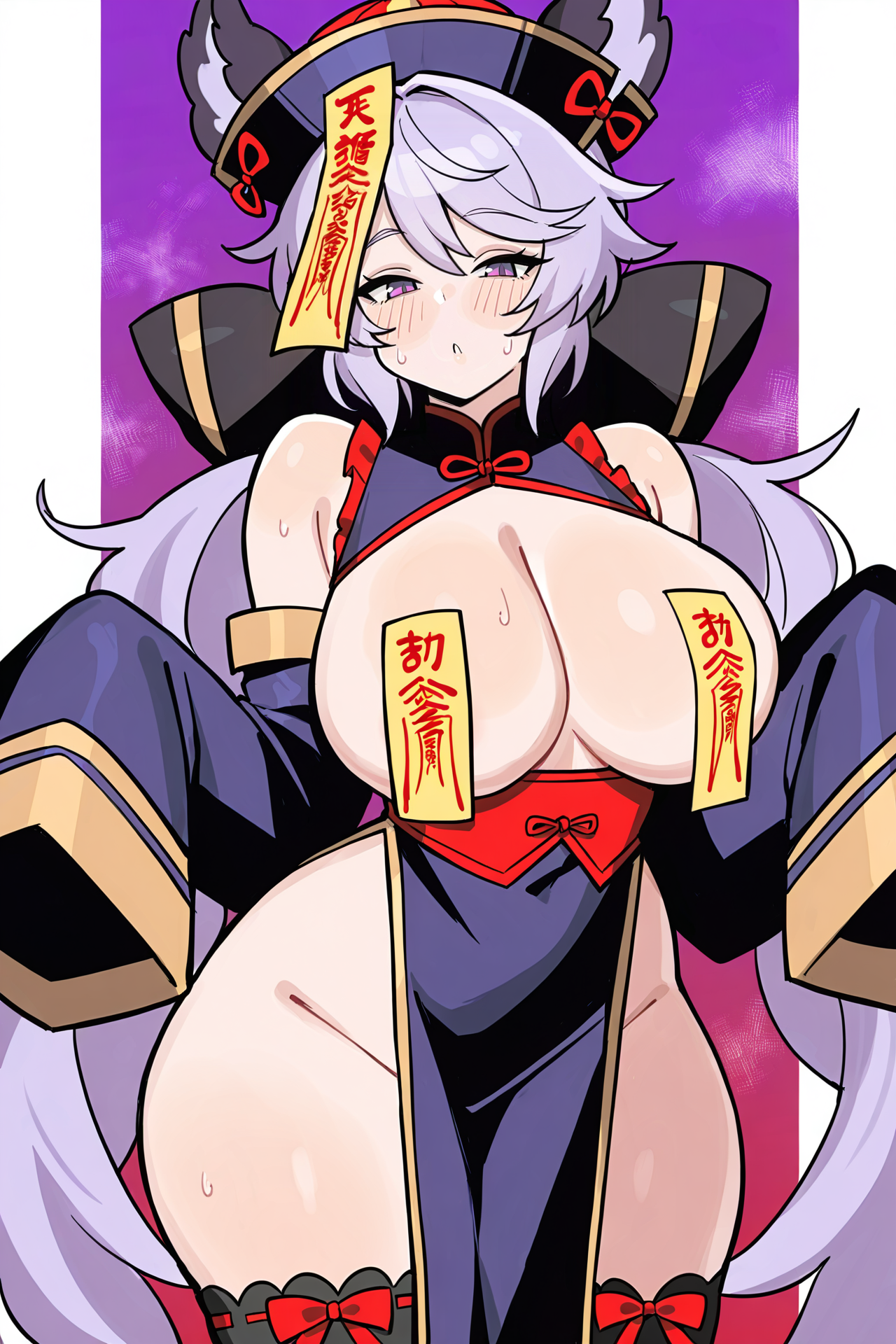 1girl, solo, kuromaruart,
looking at viewer, satyr \(granblue fantasy \),granblue fantasy,post guild war celebration,jiangshi costume,ofuda on head,very long fingernails,bow legwear,purple eyes,purple hair, ,
masterpiece, best quality, amazing quality, very aesthetic, absurdres, newest, perfect anatomy, very aesthetic, very awa, <lora:kuromaruart:1>