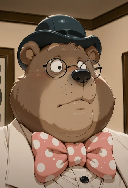 masterpiece, best quality, amazing quality, high resolution, absurdres, newest, Gr4fton,1boy, solo, bear, no humans, polka dot bowtie, furry male, glasses, fat, indoors, bowler hat, white outfit, formal suit, close-up portrait <lora:Grafton_the_Lawyer_Alfred_J_Kwak:.85> <lora:NOOB_vp1_detailer_by_volnovik_v1:1>