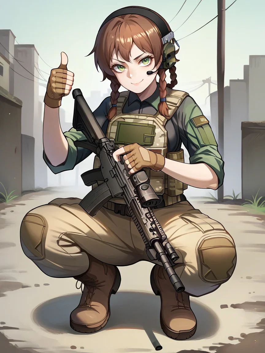 score_9, score_8_up, score_7_up, score_6_up, score_5_up, <lora:tacticalclothesXLP:1> tactical clothes, 1girl, gun, weapon, gloves, solo, braid, rifle, twin braids, holding weapon, holding, holding gun, pants, brown hair, assault rifle, fingerless gloves, thumbs up, photo background, m4 carbine, trigger discipline, military, looking at viewer, squatting, headset, outdoors, bulletproof vest, smile, ear protection, camouflage, boots, green eyes