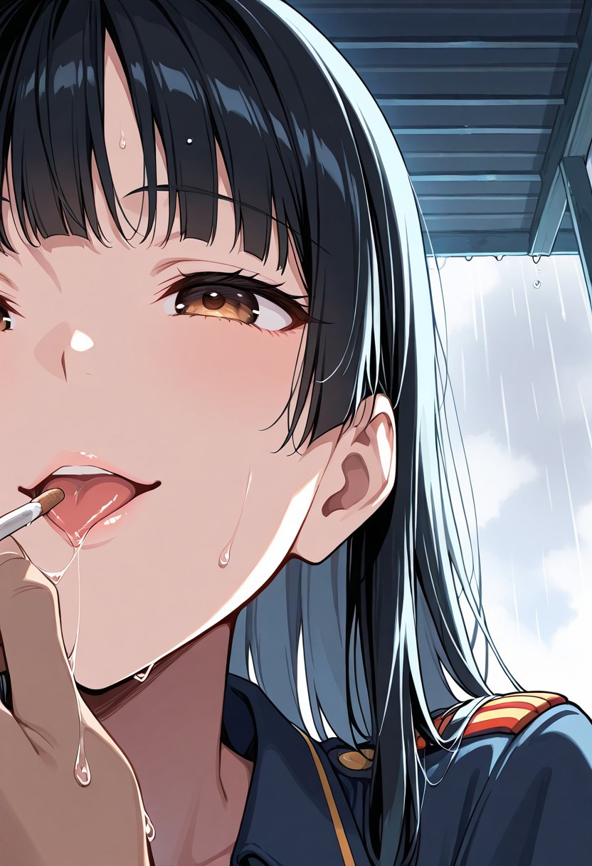 (masterpiece, 2.5D:1.2), (score_9, score_8_up, score_7_up,source_anime), ultra-detailed,24K, best quality, CG, illustration, (Uncorrected), 
pov, close-up from below, 
1girls, solo, french kiss, (japanese cute girl, pale pink lips), wet face, wet, wearing japan army uniform. wet clothers, happy smile, 
tongue out, saliva, saliva trail, saliva strings, drool, 
smoking, steam, fog, smog, misty, 
(glossy skin:1.3), (glossing hair, wet hair, glossing eyes, ultra-detailed eyes), 
(1 girl is, black hair, long hair, hime cut hair, brown eyes), 
in Bus stop in the rain,