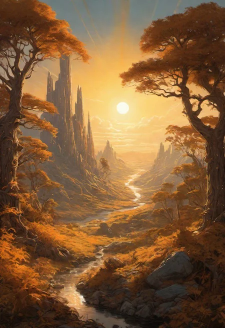 As the day progresses, the sunlight transforms, casting a warm, amber glow that imbues the entire glade with a sense of otherworldly magic by Al Williamson,  (panoramic , artstyle-art deco but extremely beautiful:1.4), (intricate details, masterpiece, best quality:1.4)
Terragen, beautiful massive landscape, epic scenery, Terragen, , looking at viewer
<lora:add-detail-xl:1> <lora:xl_more_art-full_v1:0.5>  <lora:looking_at_viewer:2>