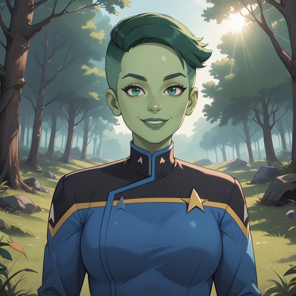 score_9, score_8, BREAK, solo, D'vana Tendi, orion species, Star Trek, in a starfleet uniform, colored skin, green skin, green freckles, colored hair, green hair, undercut, sexy pose, self portrait, smile, outdoors, sunlight, shadows, evening lighting, natural lighting, forest, trees, grass, orange sky, sunset