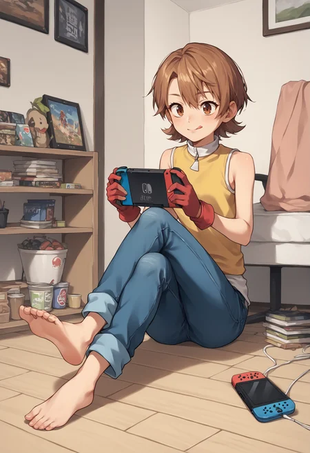 1girl, sora, short hair, brown eyes, yellow t-shirt, sleeveless, high collar, red gloves, jeans, licking lips, playing games, nintendo switch, barefoot, indoors, crossed legs, sitting, floor, bedroom. game console <lora:MimiSora:1>, score_9, score_8_up, score_7_up, score_6_up, score_5_up, score_4_up, BREAK source_anime, masterpiece
