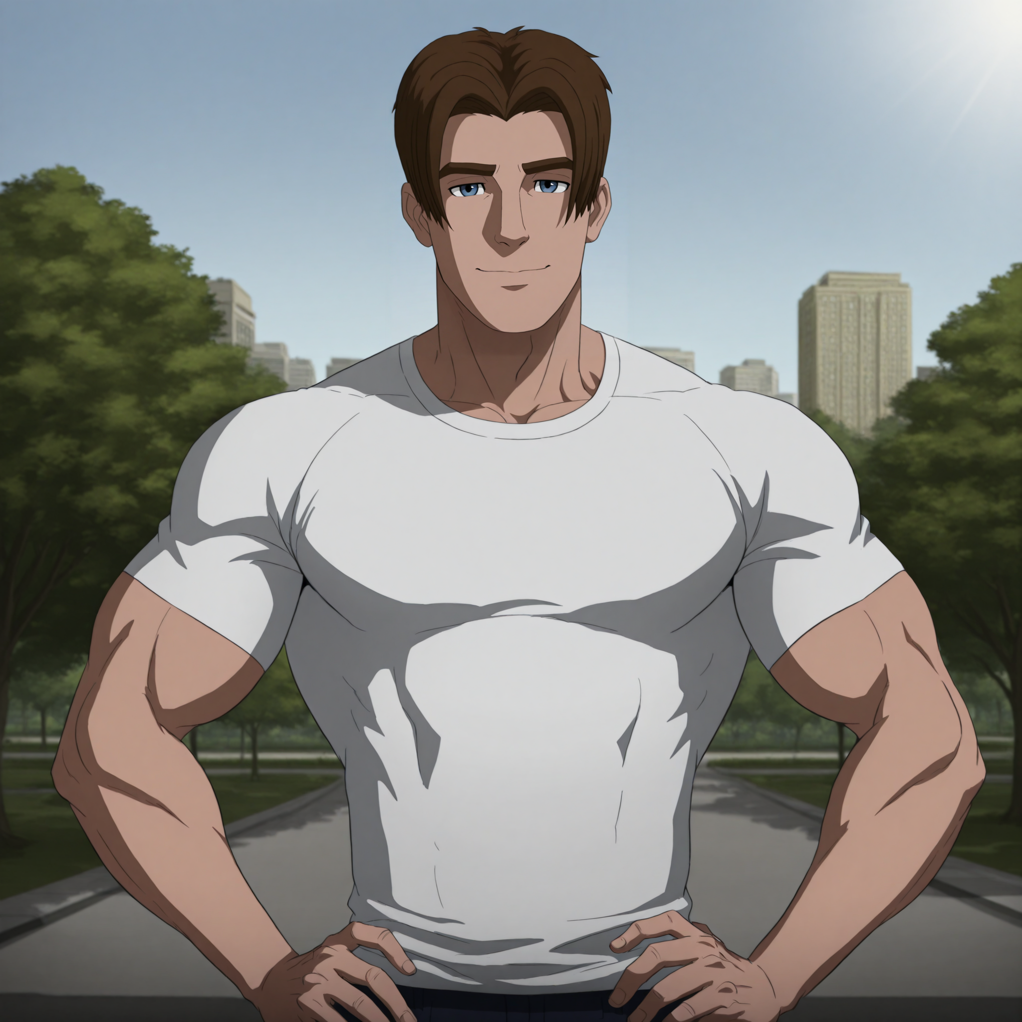 sp1d3rm8n, 1boy, solo, male focus, muscular, brown hair, brown eyebrows, blue eyes, standing, outdoors, city, park, trees, sky, clear sky, dynamic light, sunlight, white t-shirt, hands on own hips, looking at viewer, light smile,   <lora:Ultimate_Spiderman:1>