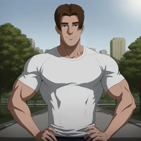 sp1d3rm8n, 1boy, solo, male focus, muscular, brown hair, brown eyebrows, blue eyes, standing, outdoors, city, park, trees, sky, clear sky, dynamic light, sunlight, white t-shirt, hands on own hips, looking at viewer, light smile,   <lora:Ultimate_Spiderman:1>