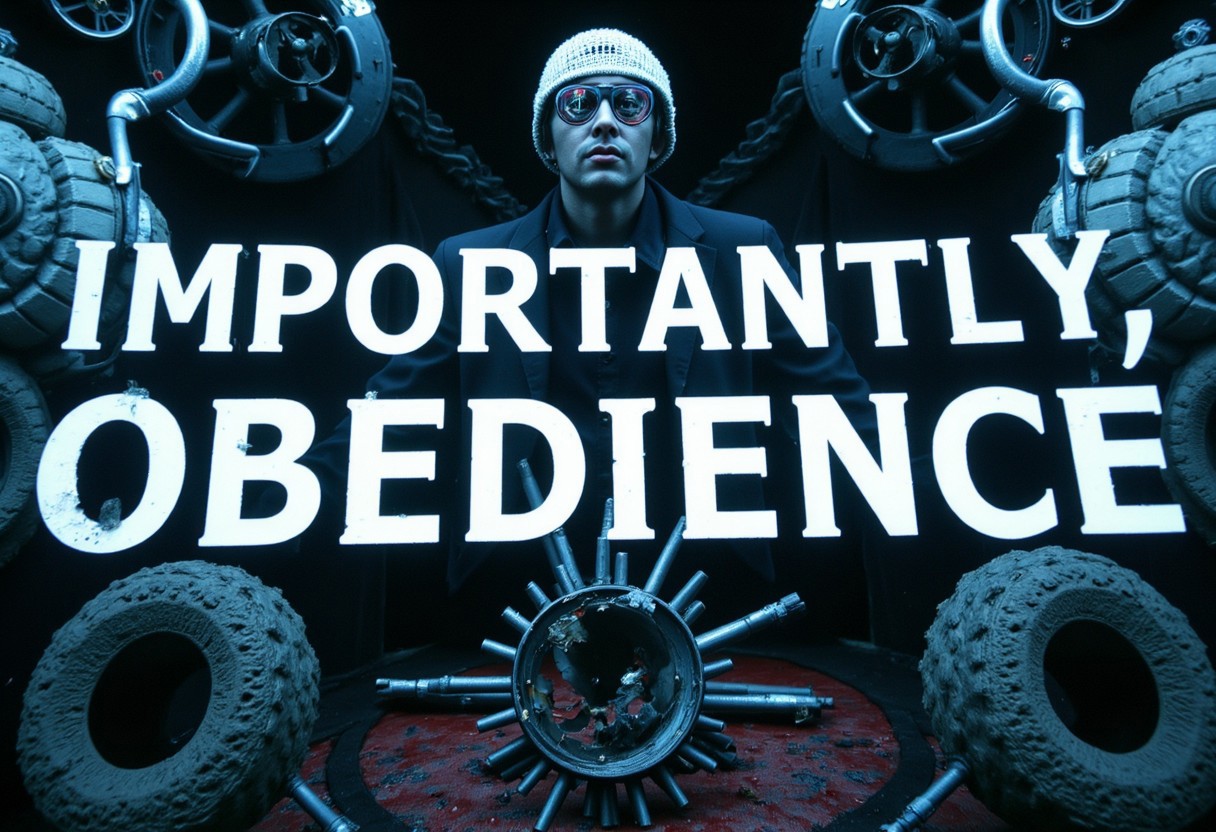 the words 'IMPORTANTLY, OBEDIENCE' written in large font fills the front of frame. In the back of frame weird man with in a dark room with checkerboard blue lotus PEOPLE ARE trapped inside machinery, people crushed inside mechanical gears, high gore arms crushed and bent, signs of wailing, people in business suits trapped in machinery. floors with blood on the ground with a white interior cyber tech electricity electical circuits illuminati symbols with brains and vaginas with high technology alchemical background lightning bolts