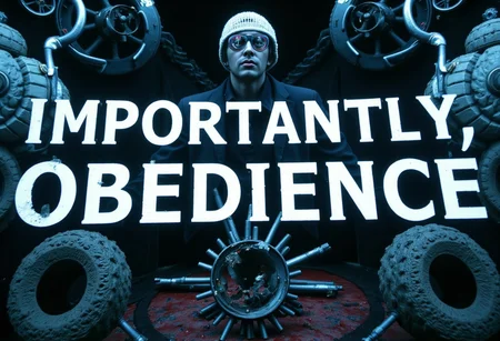 the words 'IMPORTANTLY, OBEDIENCE' written in large font fills the front of frame. In the back of frame weird man with in a dark room with checkerboard blue lotus PEOPLE ARE trapped inside machinery, people crushed inside mechanical gears, high gore arms crushed and bent, signs of wailing, people in business suits trapped in machinery. floors with blood on the ground with a white interior cyber tech electricity electical circuits illuminati symbols with brains and vaginas with high technology alchemical background lightning bolts