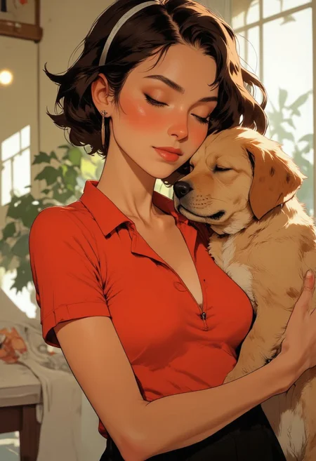 Anime art. Closeup. Scene of a girl holding a puppy. Beautiful 22-year-old Italian girl with short brown hair, and olive skin. She has a round face. She is wearing a bright red polo shirt with plunging neckline. Her hair is tied with a white ribbon. Here eyes are closed. She is cradling a golden retriever puppy in her arms. The puppy is asleep. and its head is resting on the girl's shoulder. The girl is nuzzling the puppy's face with her cheek. She is smiling gently. The scene is endearing. The mood lighthearted. Perfect hand. Highest quality, best quality, masterpiece.