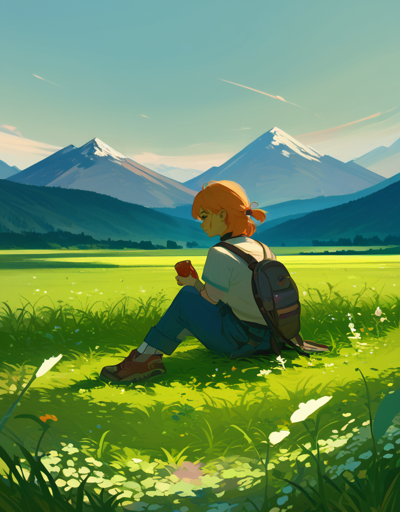 zPDXL2, <lora:KukkaV1:1>, kukk4, 1girl, sitting on a grassy field, mountains in the background, washed out